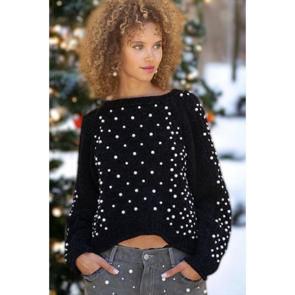 POL Pearl Beaded Black Velvet Chenille Sweater Relaxed Fit - Picture 3 of 13
